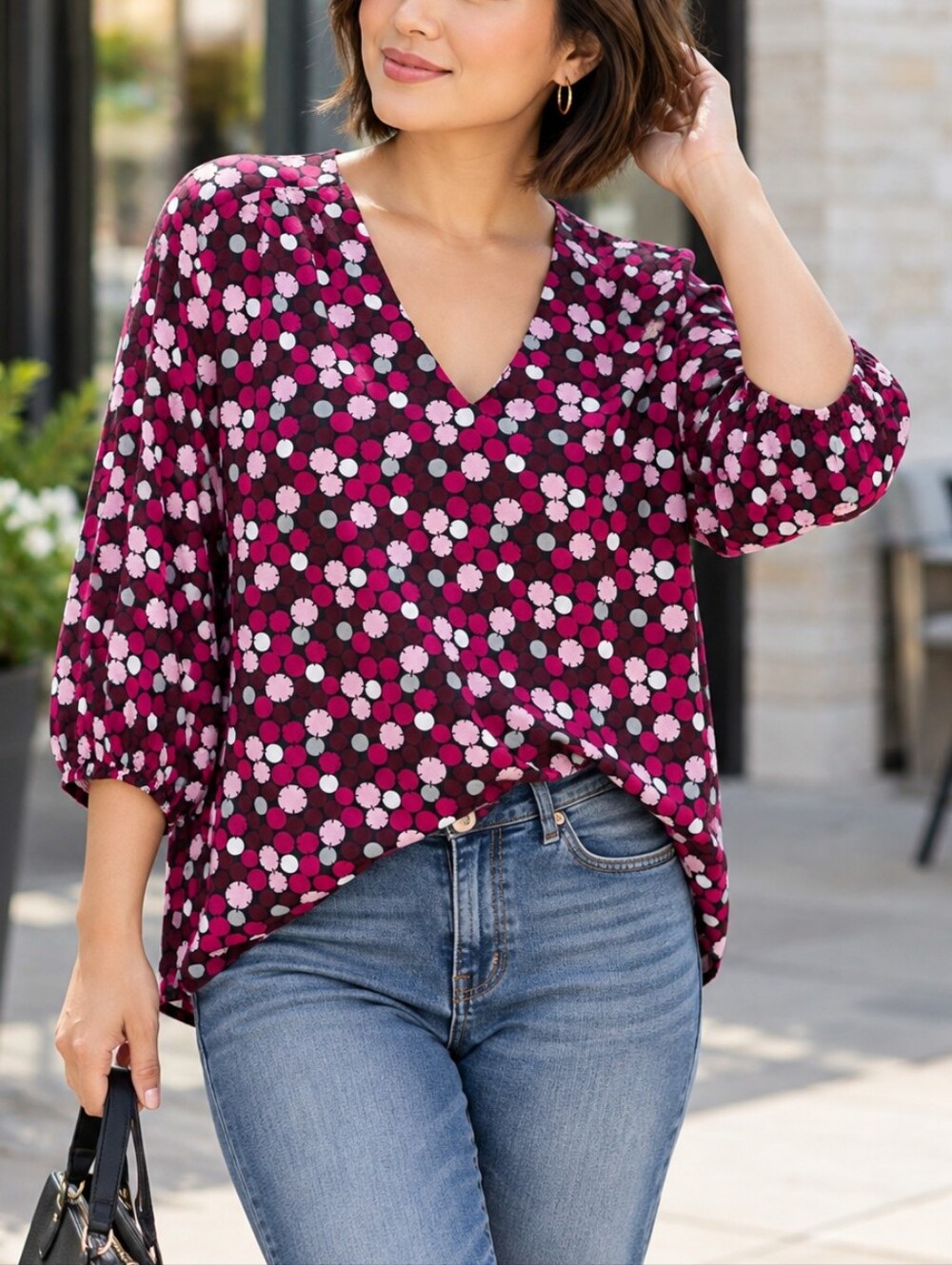 Olsen Europe V-Neck Floral Blouse L 14 Polka Dot